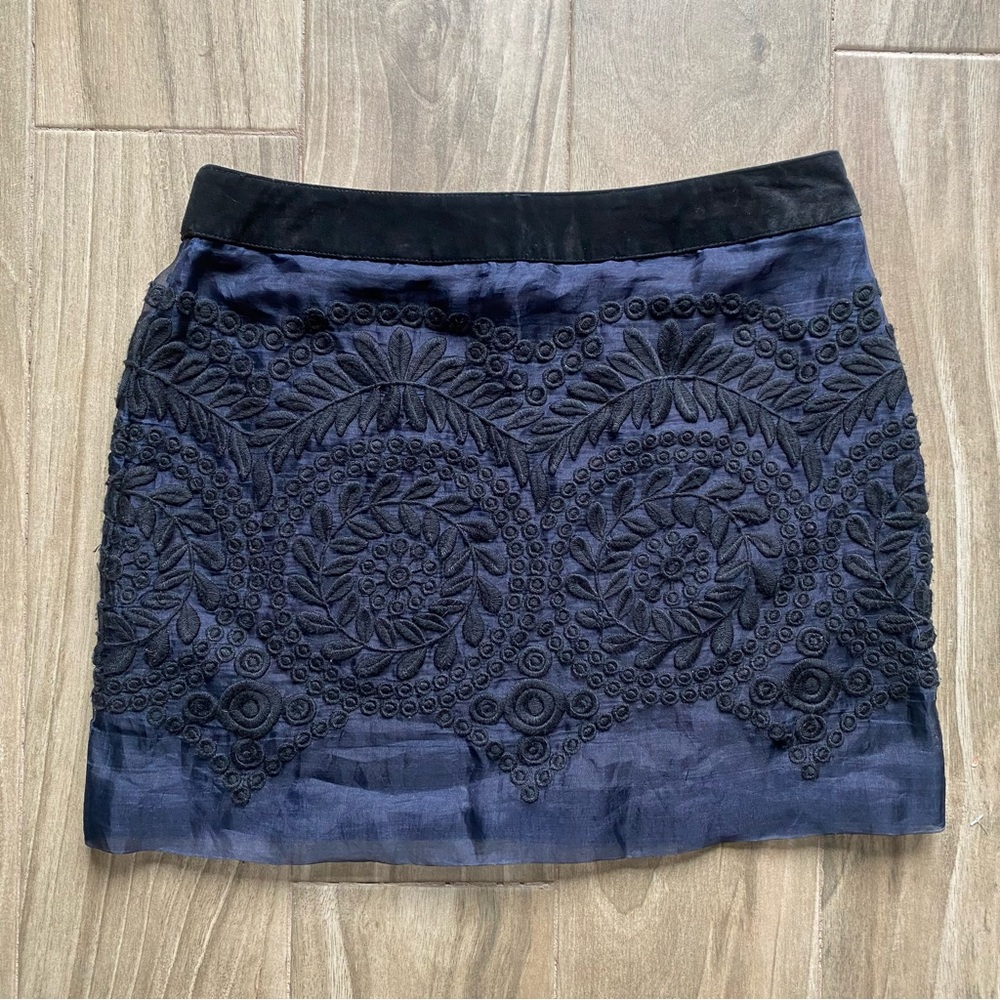 Maje Renee silk suede embroidered navy blue black mini skirt size FR 36